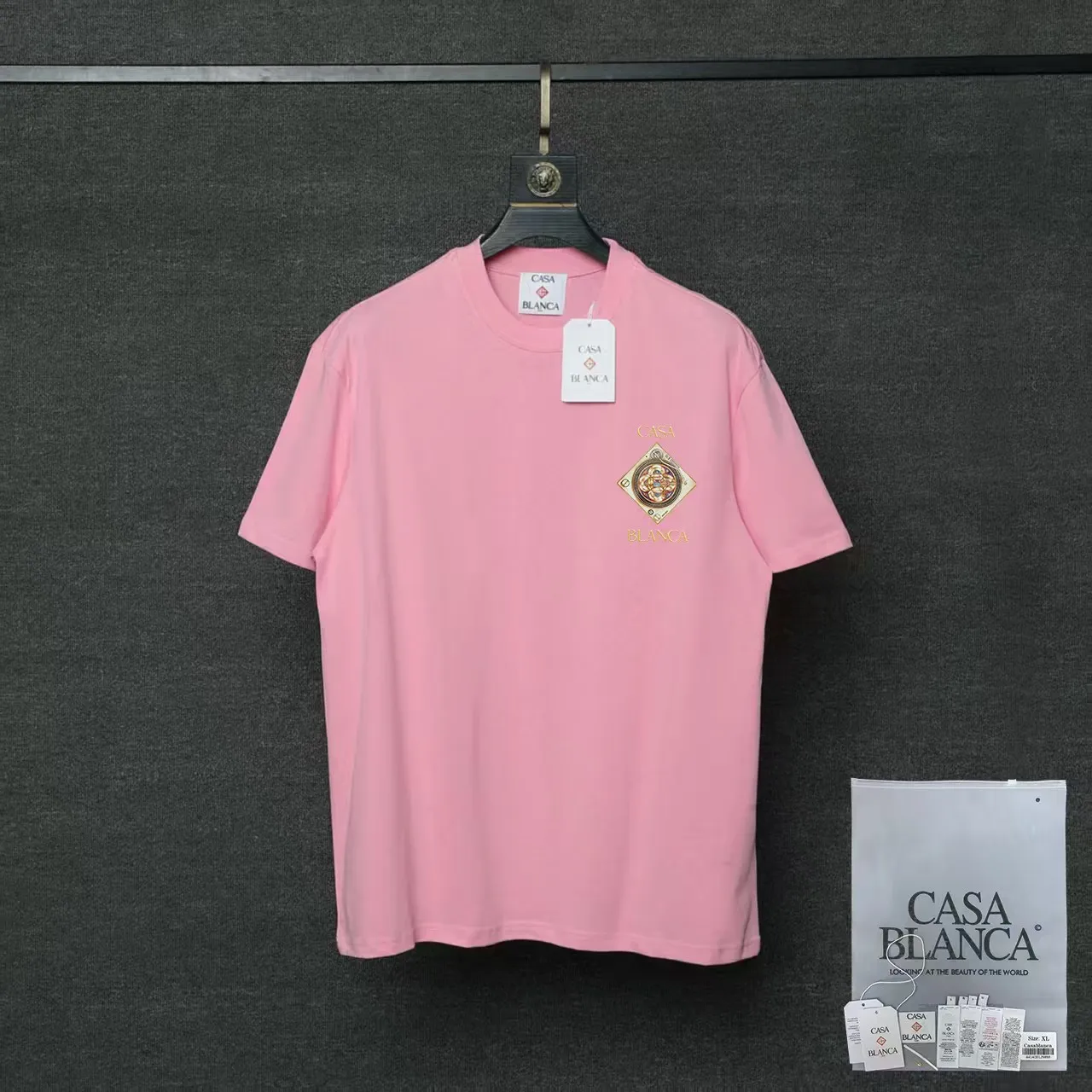 26ss CASABLANCA original printing process short-sleeved T-shirt original development using high-density double yarn pure cotton fabric upper body soft and comfortable color Black White Dark Green color Orange Pink Blue Royal Blue color cigarette powder 8 colors Sizes S M L XL